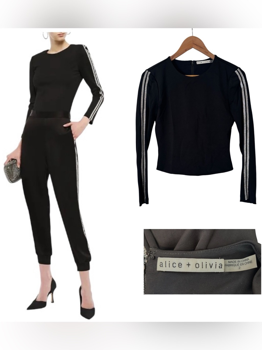 Alice + Olivia Raven Crystal Trim Stretch Knit Top